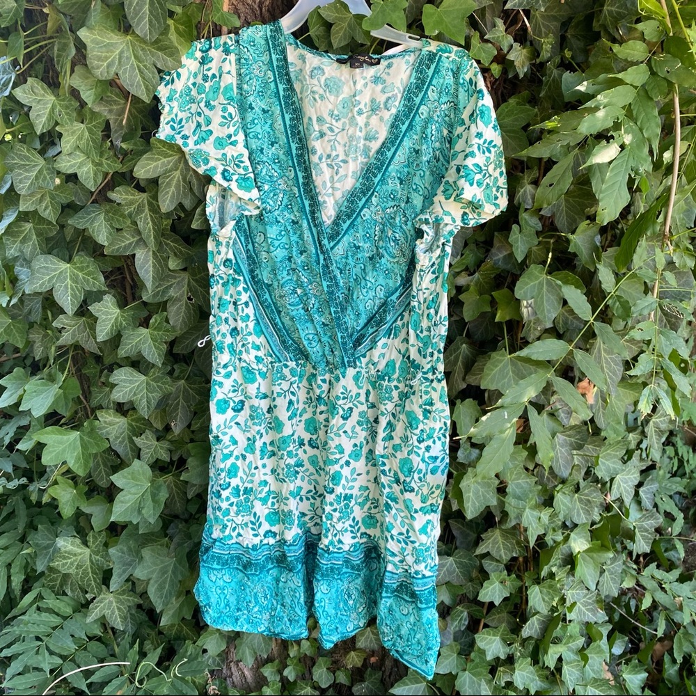 Green aqua turquoise cream hippie floral dress